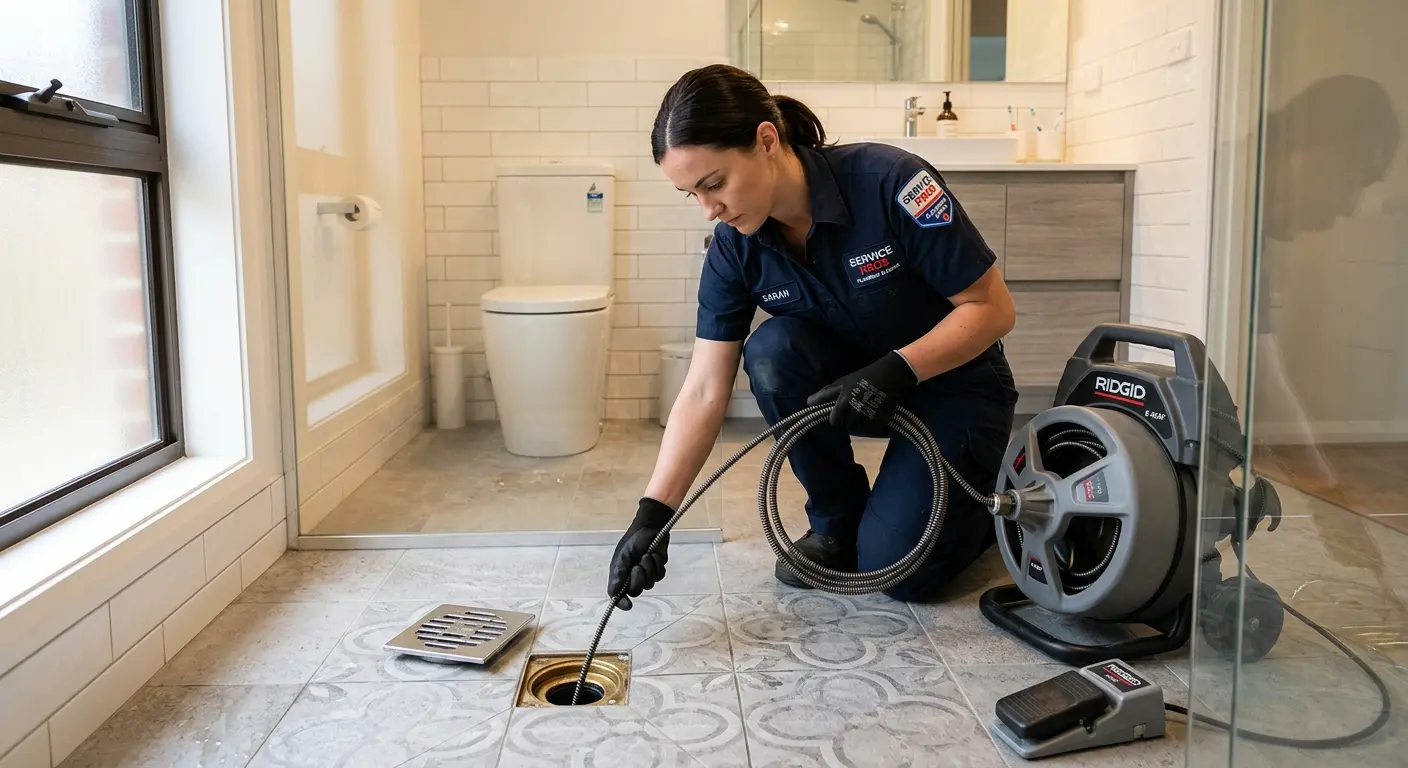 Technician clearing a bathroom floor drain for Drain Repair in Auburn